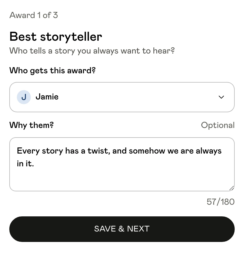 Unison Best storyteller award with Jamie nominated and a personal reason ready to submit