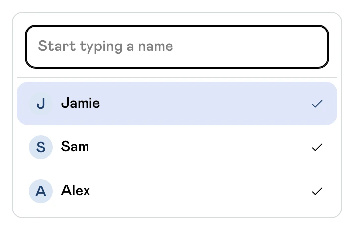Searchable guest selector with Jamie, Sam and Alex as award nominees