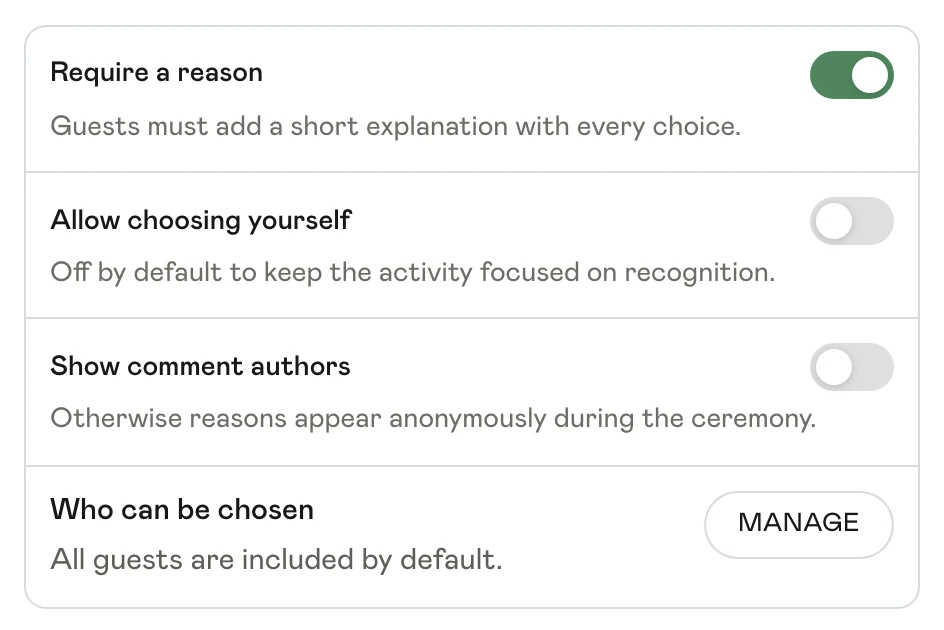 Award settings with Require a reason enabled, self-nominations and comment authors disabled, and a Manage nominees button