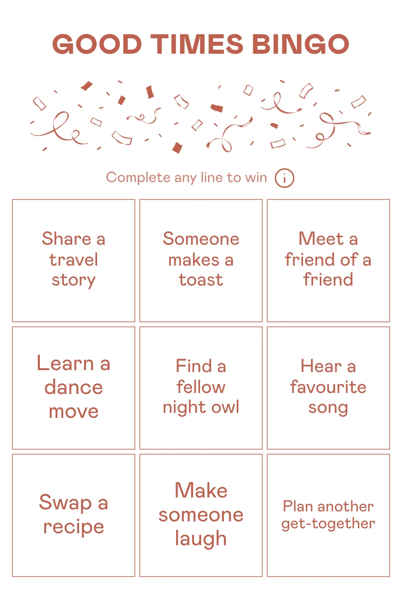 Coral bingo card with a bold sans-serif title and confetti illustration