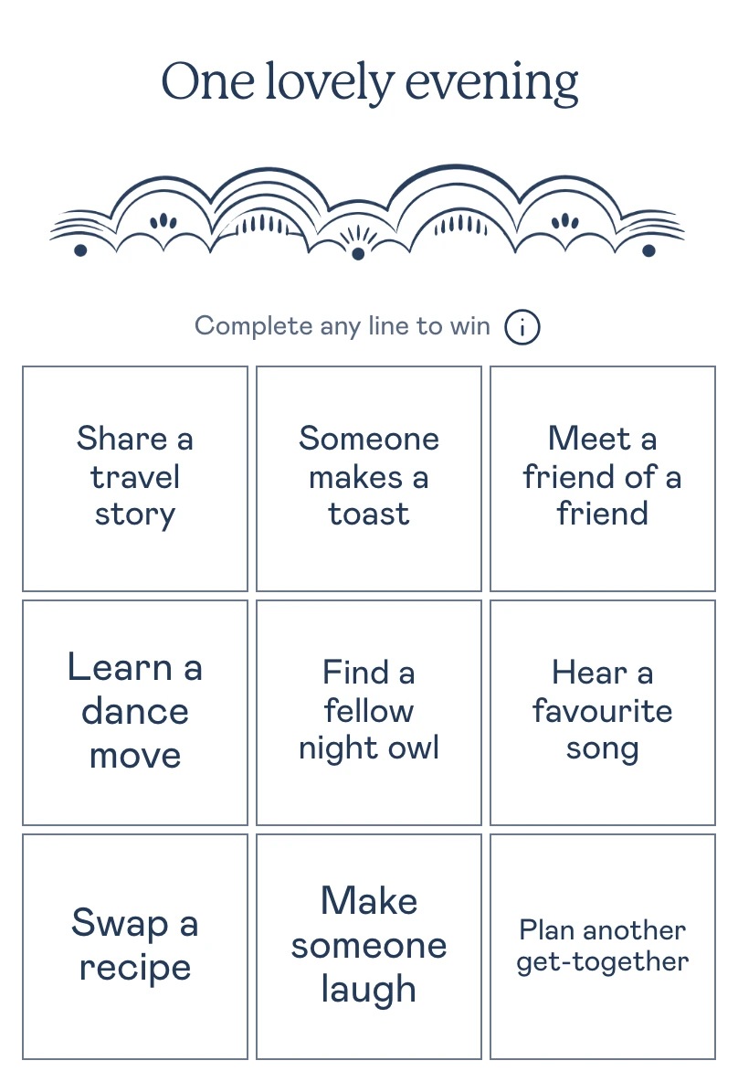 Navy bingo card with a serif title and an arch illustration