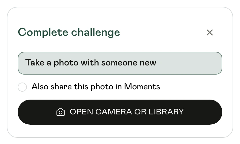 Bingo photo challenge with a camera or library button and an optional share to Moments checkbox