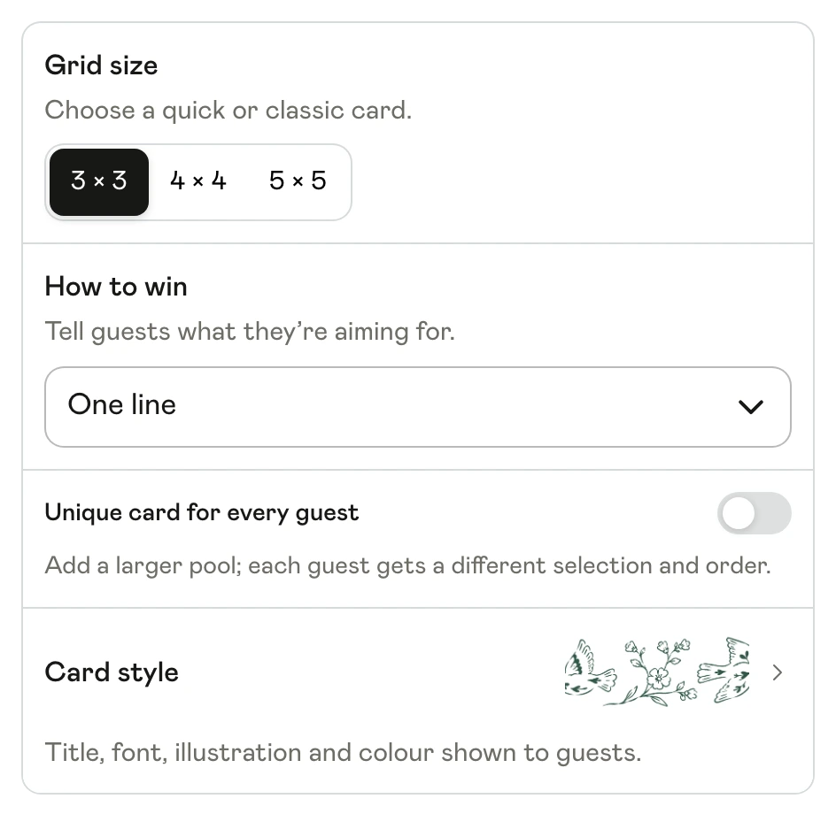 Bingo editor settings for grid size, winning pattern and unique cards