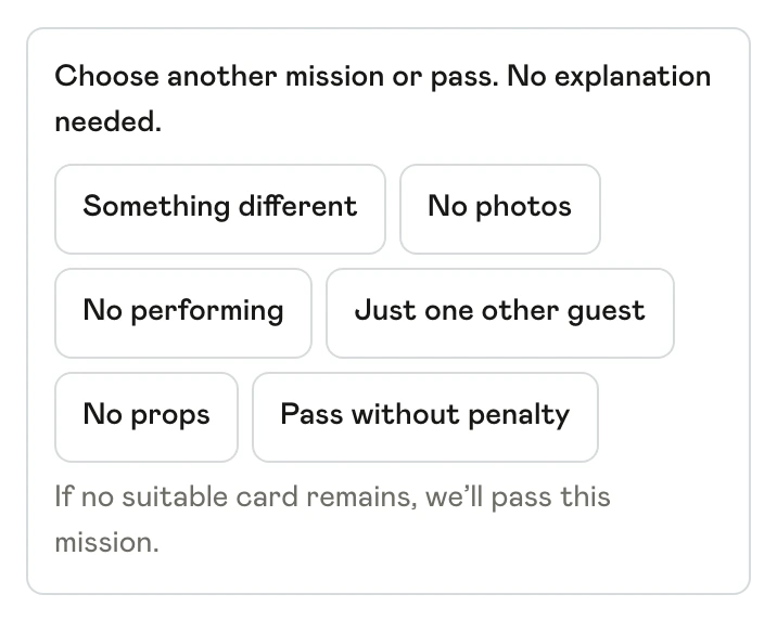 Change mission choices including No photos, No performing and Pass without penalty