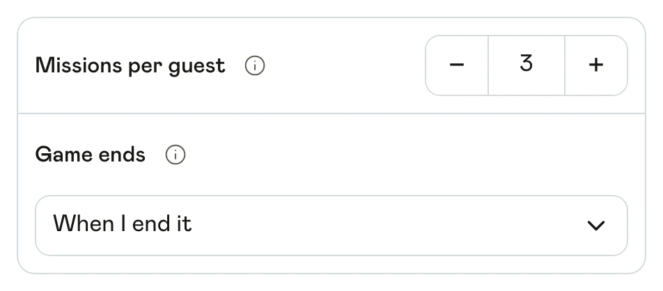 Mission settings with three missions per guest and a choice of how the game ends