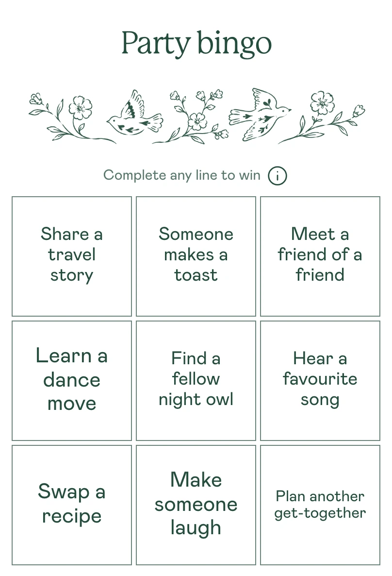 Unison guest bingo card with nine social tasks and a complete-any-line winning rule
