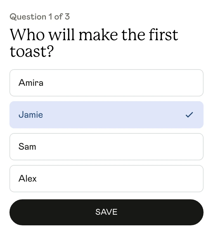 Unison prediction asking who will make the first toast, with Jamie selected and a Save button