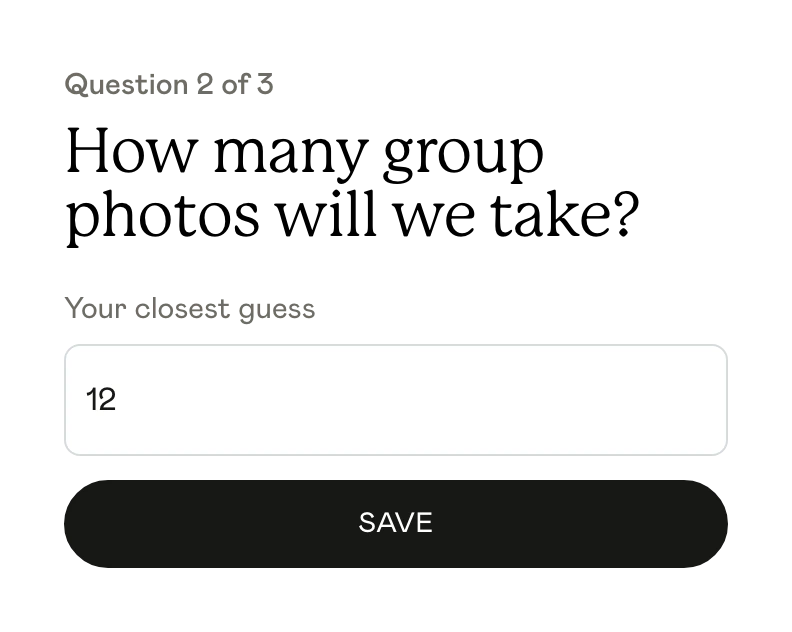 Number prediction asking how many group photos will be taken, with twelve entered