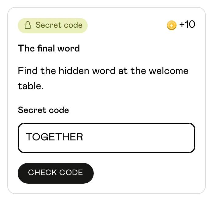 Secret code task with the word TOGETHER entered and a Check code button
