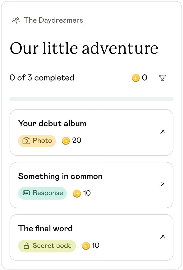 Unison team quest with photo, text and secret-code tasks, points and completion progress