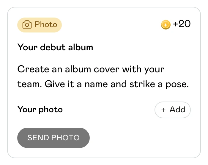 Album cover photo task with instructions, twenty points and a photo upload control