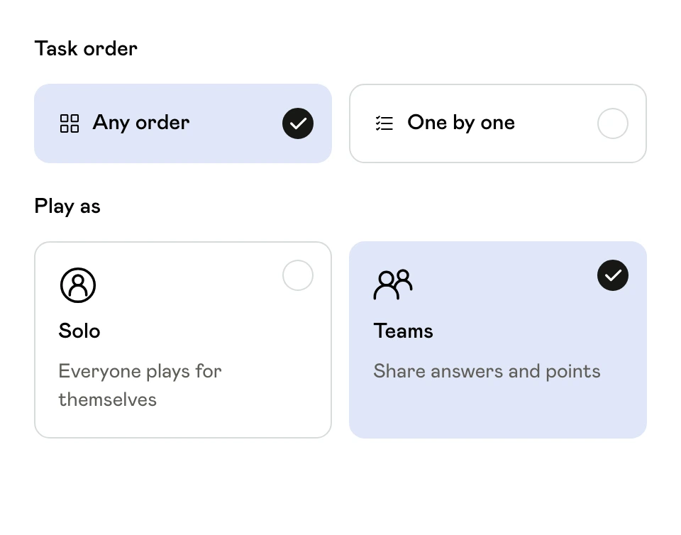 Quest settings showing Any order and Teams selected, with One by one and Solo alternatives