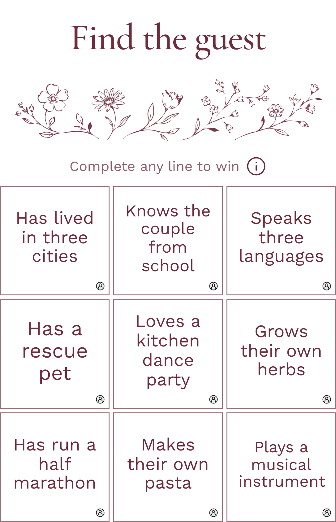 A nine-square Find the Guest card with clues about hobbies, travels and the couple