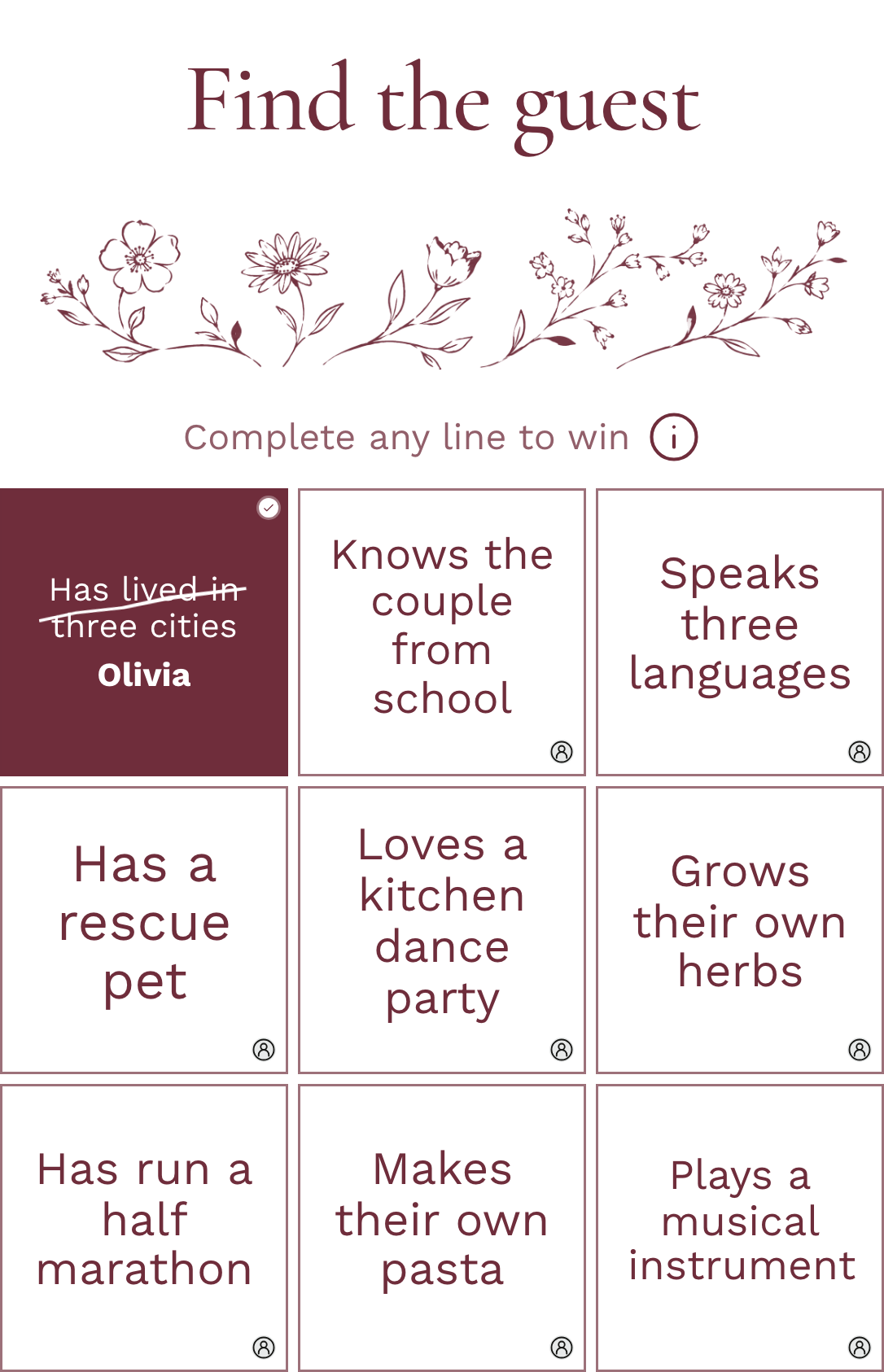 Find the Guest card with Has lived in three cities marked after meeting Olivia