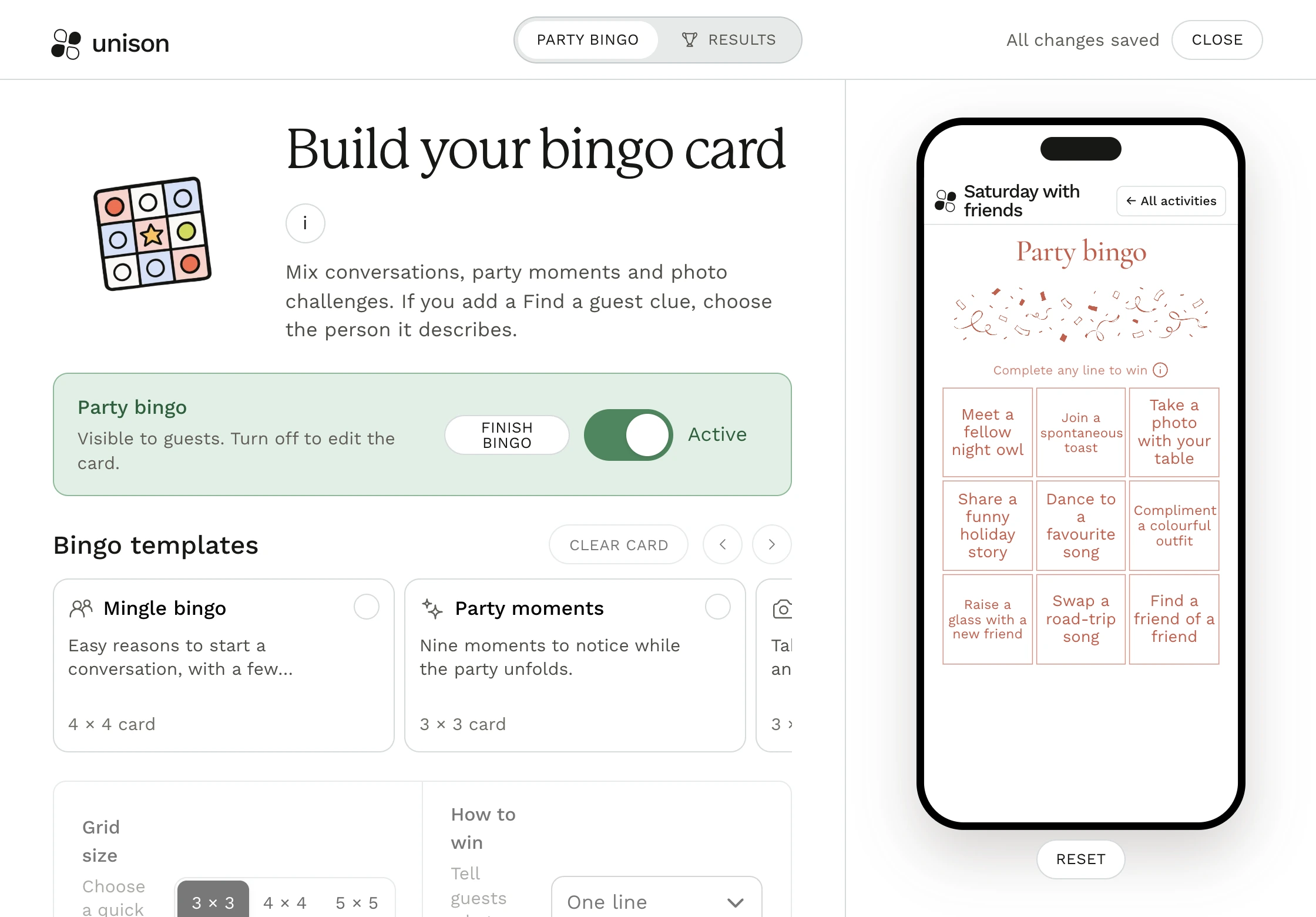 Example bingo activity in Unison