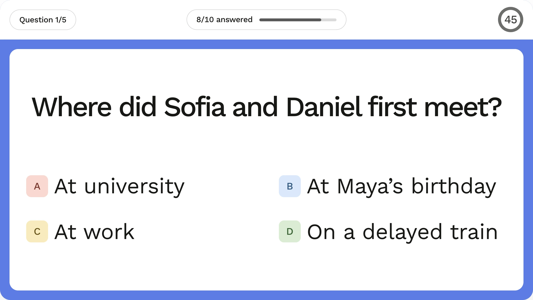 Example quiz host view with a question and answers