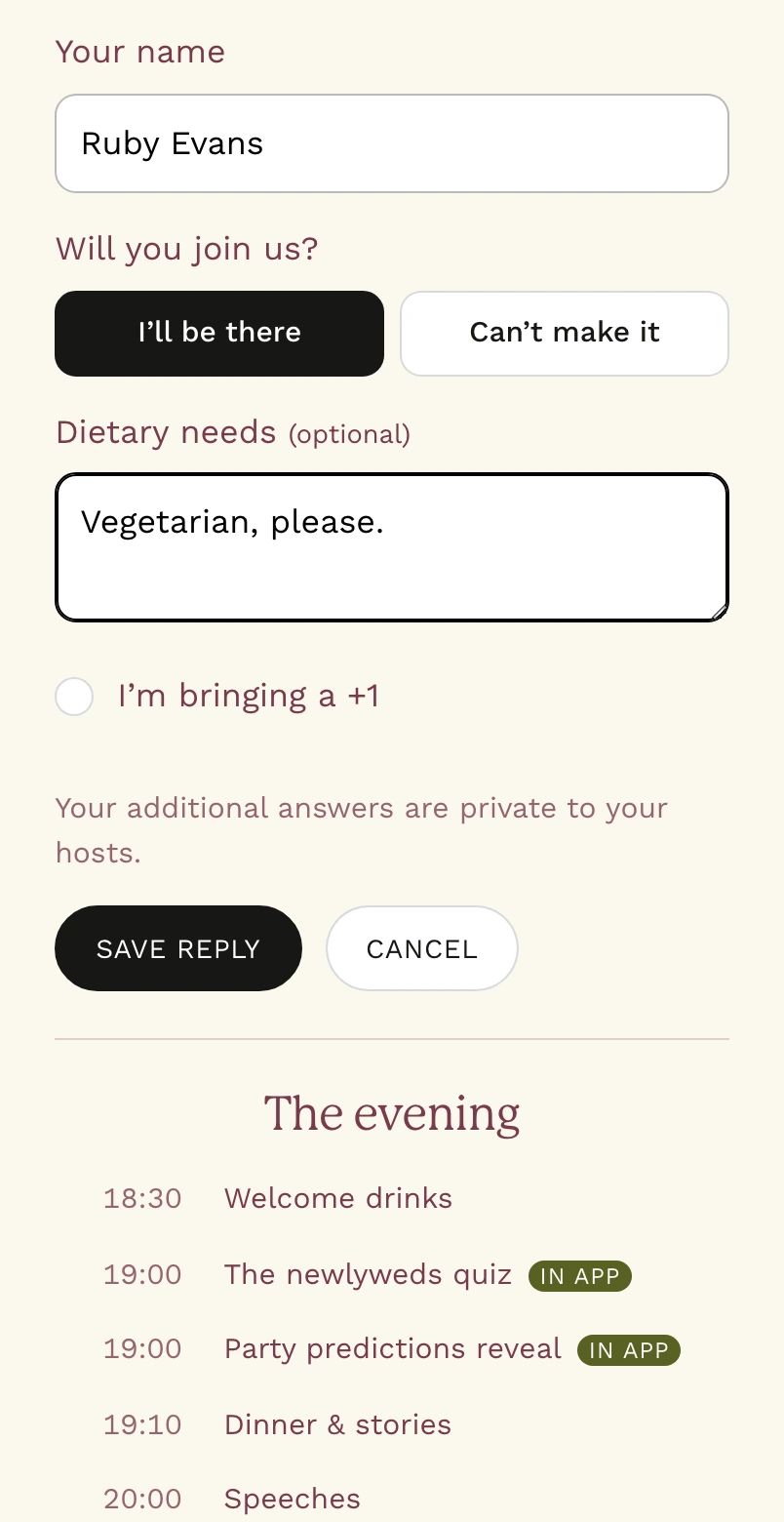Example guest RSVP with attendance and dietary preferences