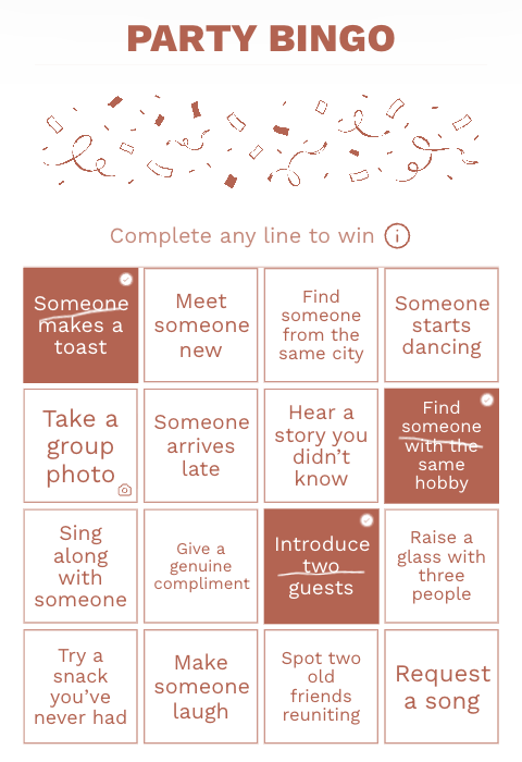 Coral Party Bingo card with confetti and completed squares
