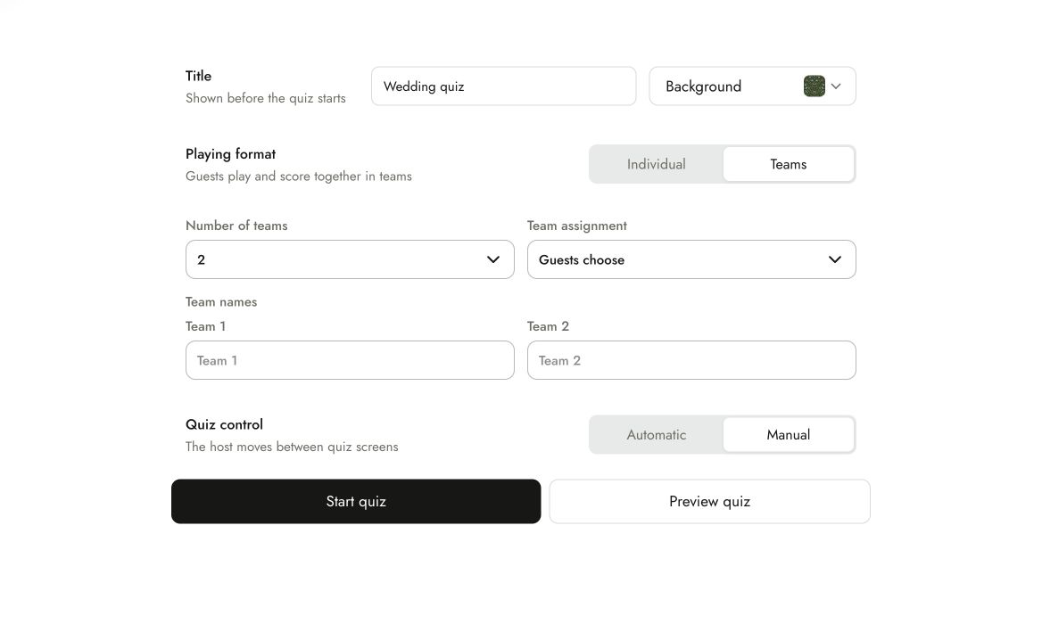 Unison quiz settings with playing format, host controls and preview action