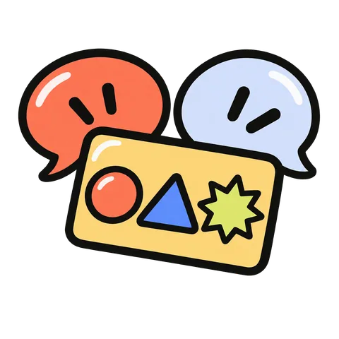 A card with colourful shapes and two speech bubbles