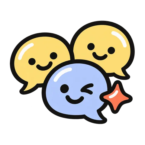 Three smiling speech bubbles, one blue face winking