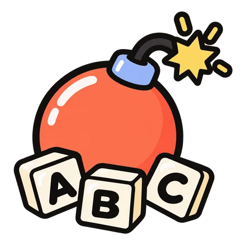 A coral word bomb with a yellow spark and alphabet cubes
