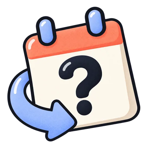 A cream calendar with a question mark and a curved blue arrow