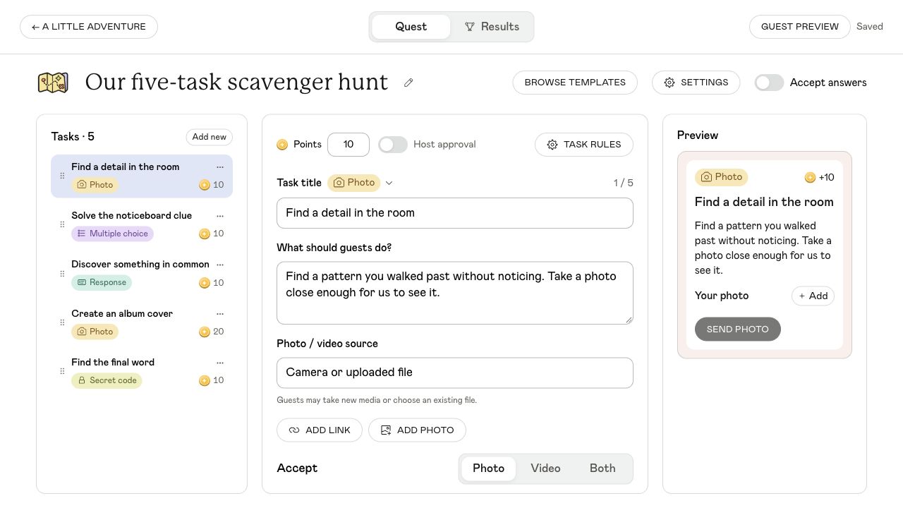 Unison Quest editor with the five example tasks, photo instructions and a live task preview
