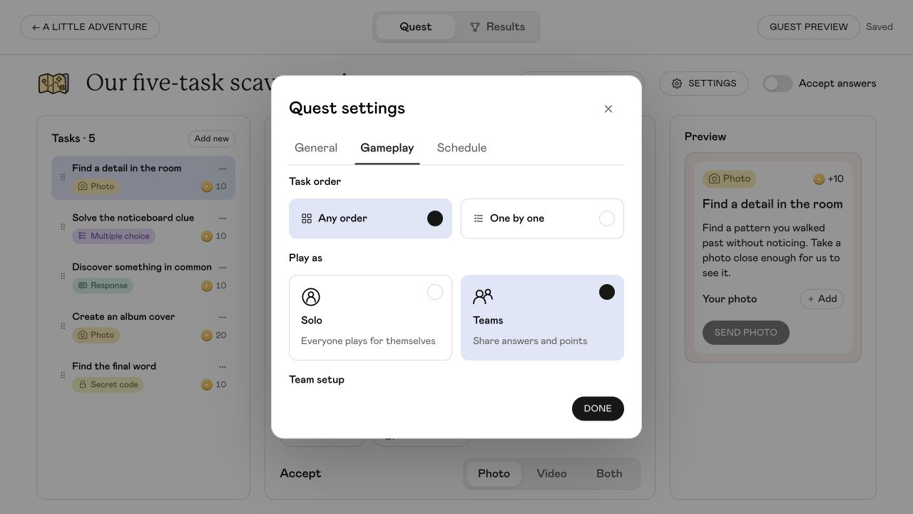 Quest settings, Gameplay tab, with Any order and Teams selected