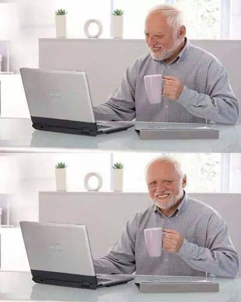 Hide the Pain Harold smiling through the discomfort