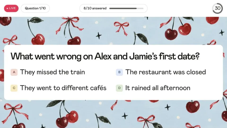 Unison wedding quiz asking what went wrong on Alex and Jamie’s first date, with four possible answers