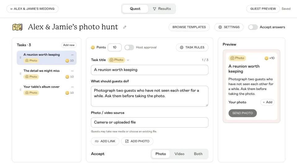 Unison Quest editor with three wedding photo challenges and the instructions for A reunion worth keeping