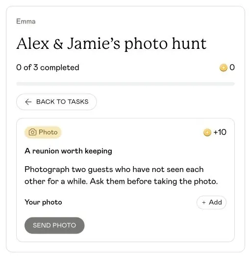 Unison guest interface showing the wedding reunion challenge and photo upload controls