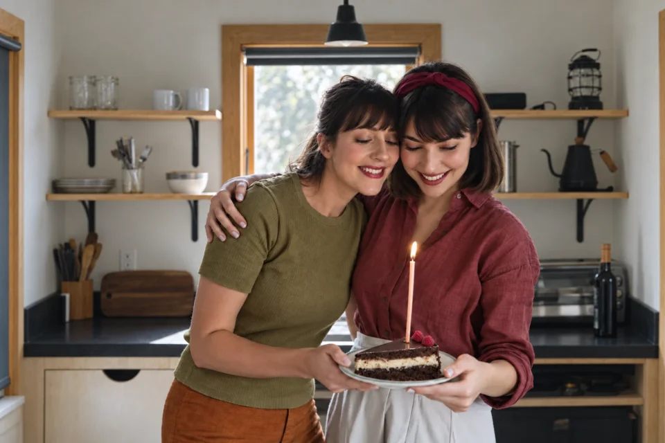 Two friends lean together in a light kitchen, smiling at a slice of birthday cake with one lit candle
