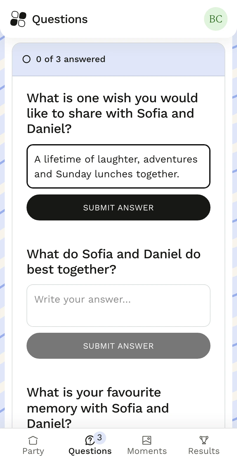 Guest questionnaire with a personal message for Sofia and Daniel