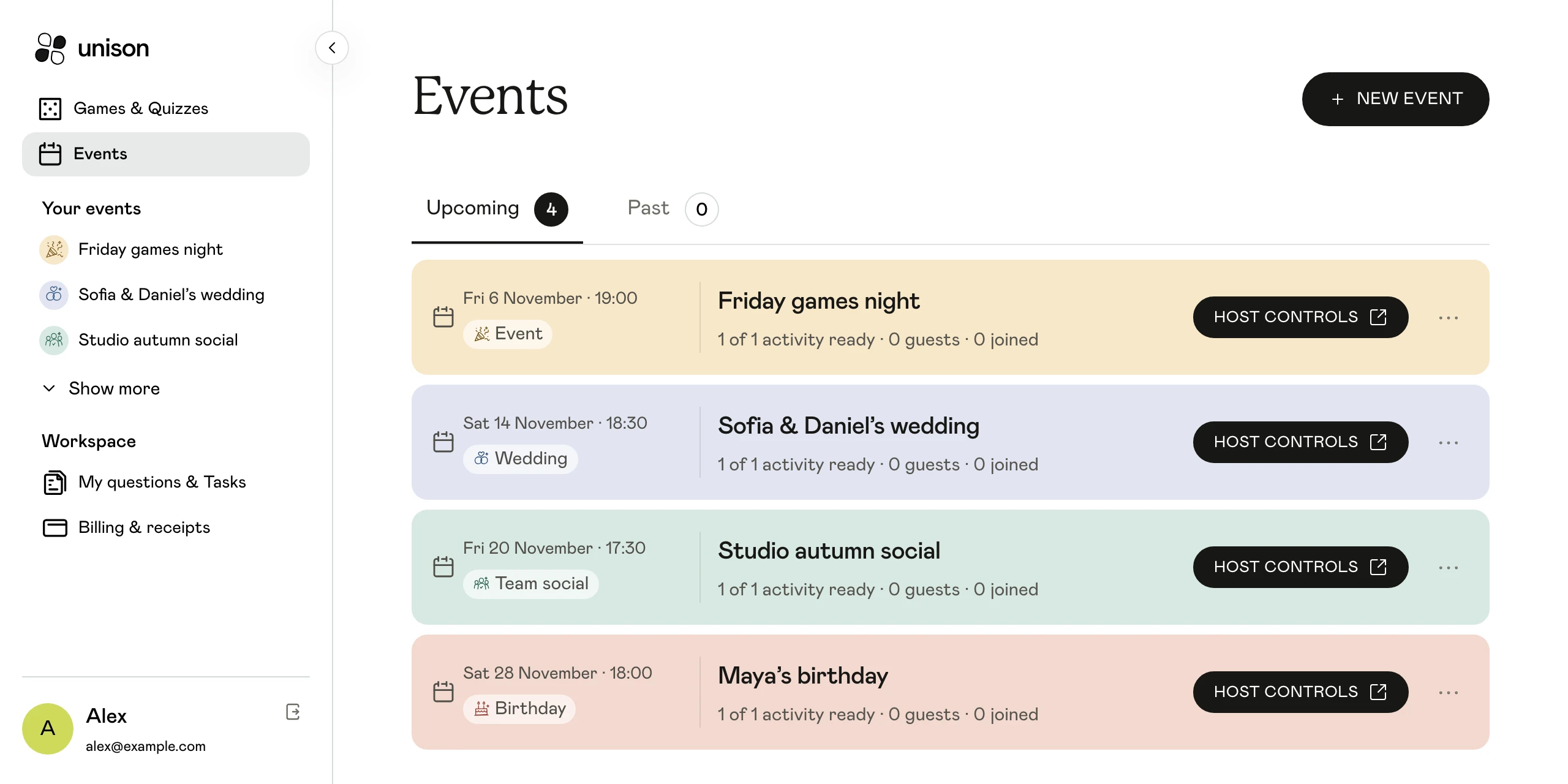 Unison organiser workspace showing example events