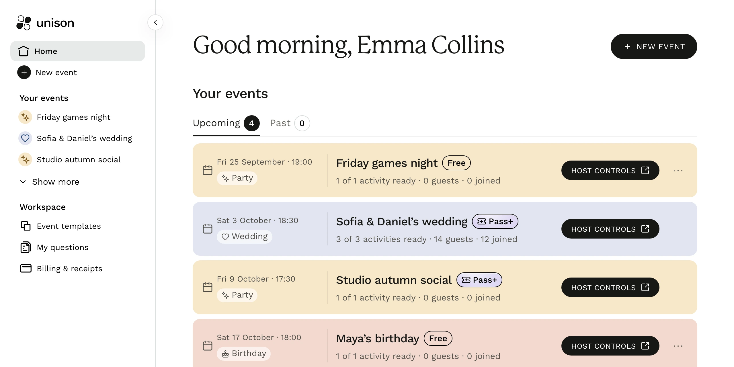 Organiser workspace with four example events