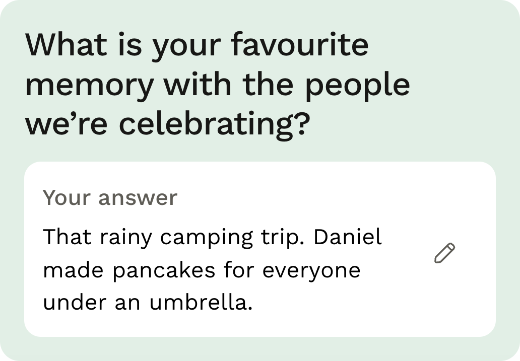 A real guest question about a favourite memory, with a saved answer about Daniel making pancakes under an umbrella.